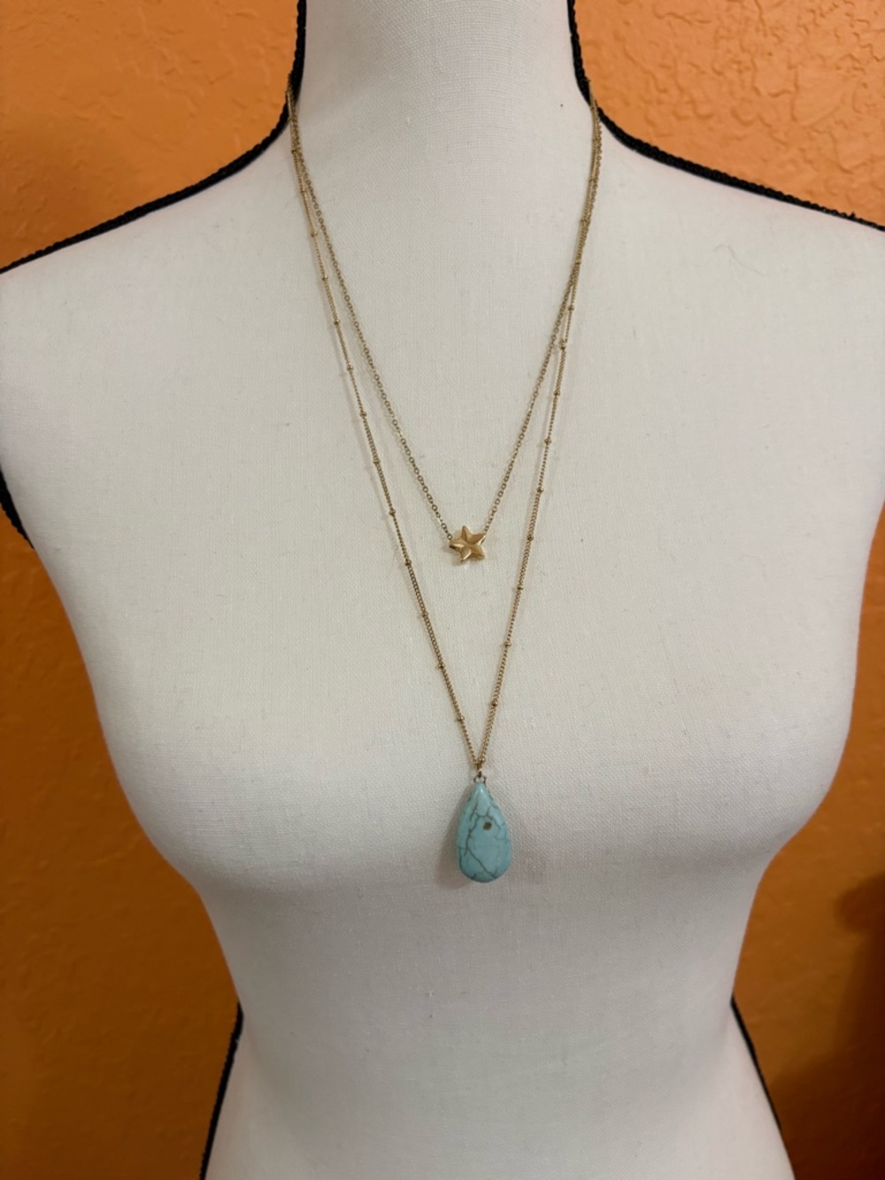 Gold Layered Necklace with Turquoise Teardrop and Star Charm